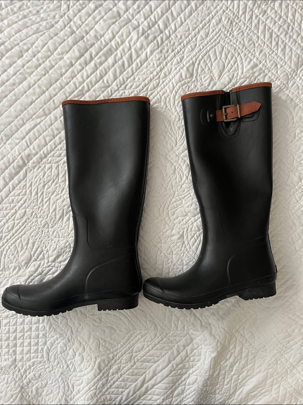 Sperry Tall Black Rain Boots with Brown Trim